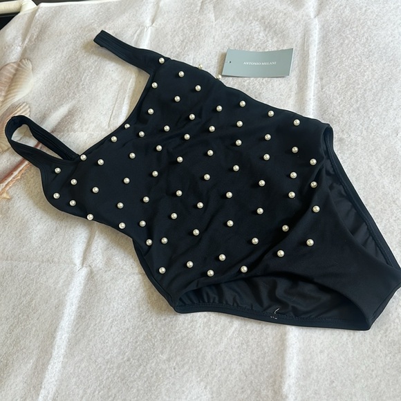 NWT Antonio Melani Solid Pearl Embellished Square Neck Low Back 1 Piece Swimsuit - Picture 5 of 11
